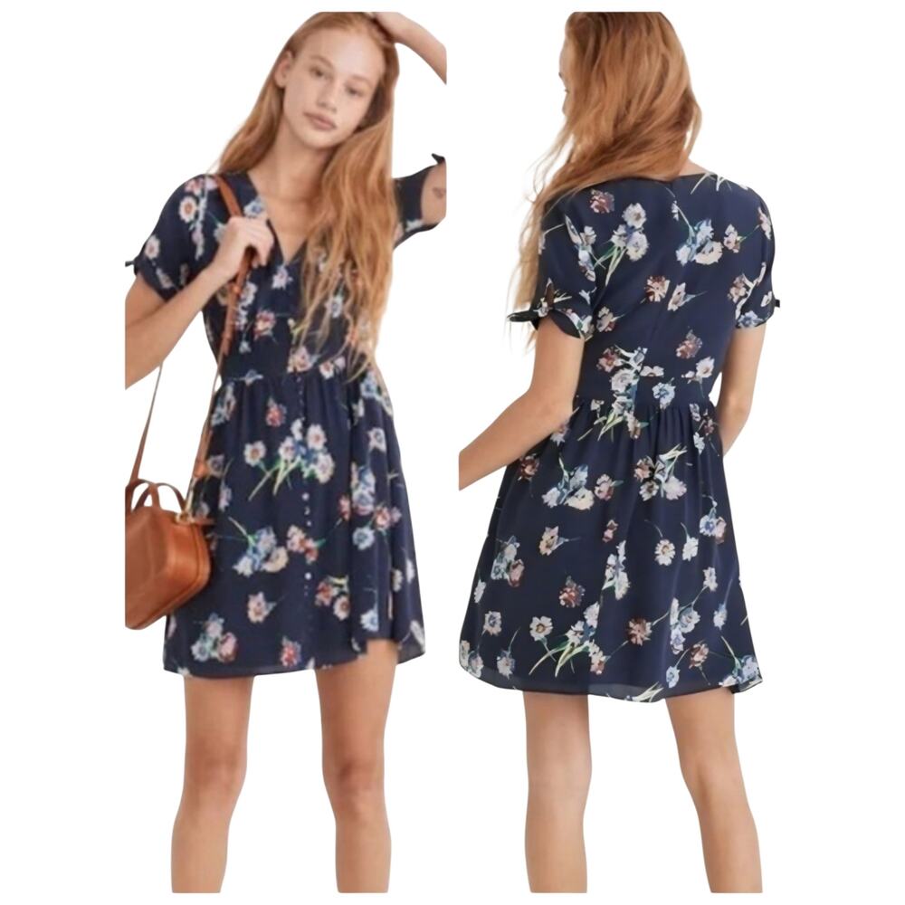 Madewell Silk Floral Mini Dress, button-front, tie-sleeve, retro-fit, size 12